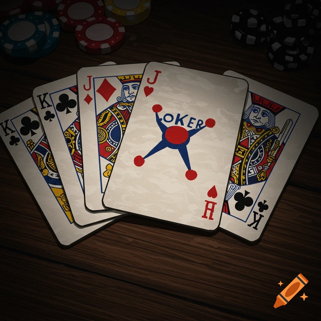 A hand of playing cards, including Kings, Jacks, and a Joker, on a wooden table with poker chips.