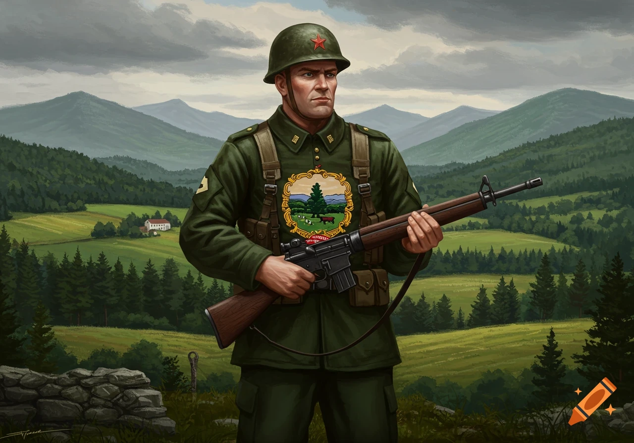 Soldier in green uniform and helmet with a star, holding a rifle in a ...