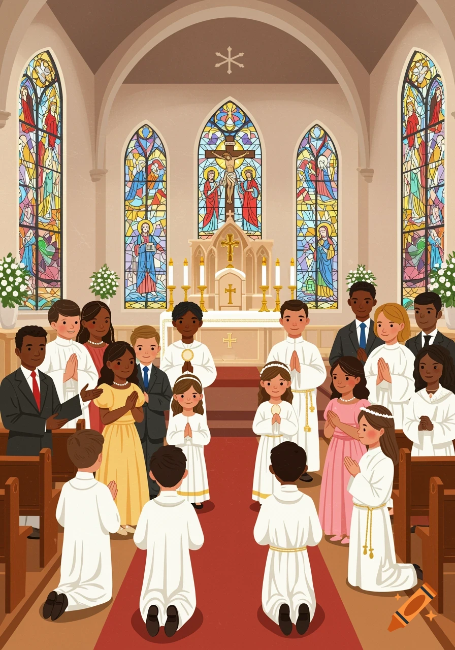 Illustration of children and adults receiving First Holy Communion in a church