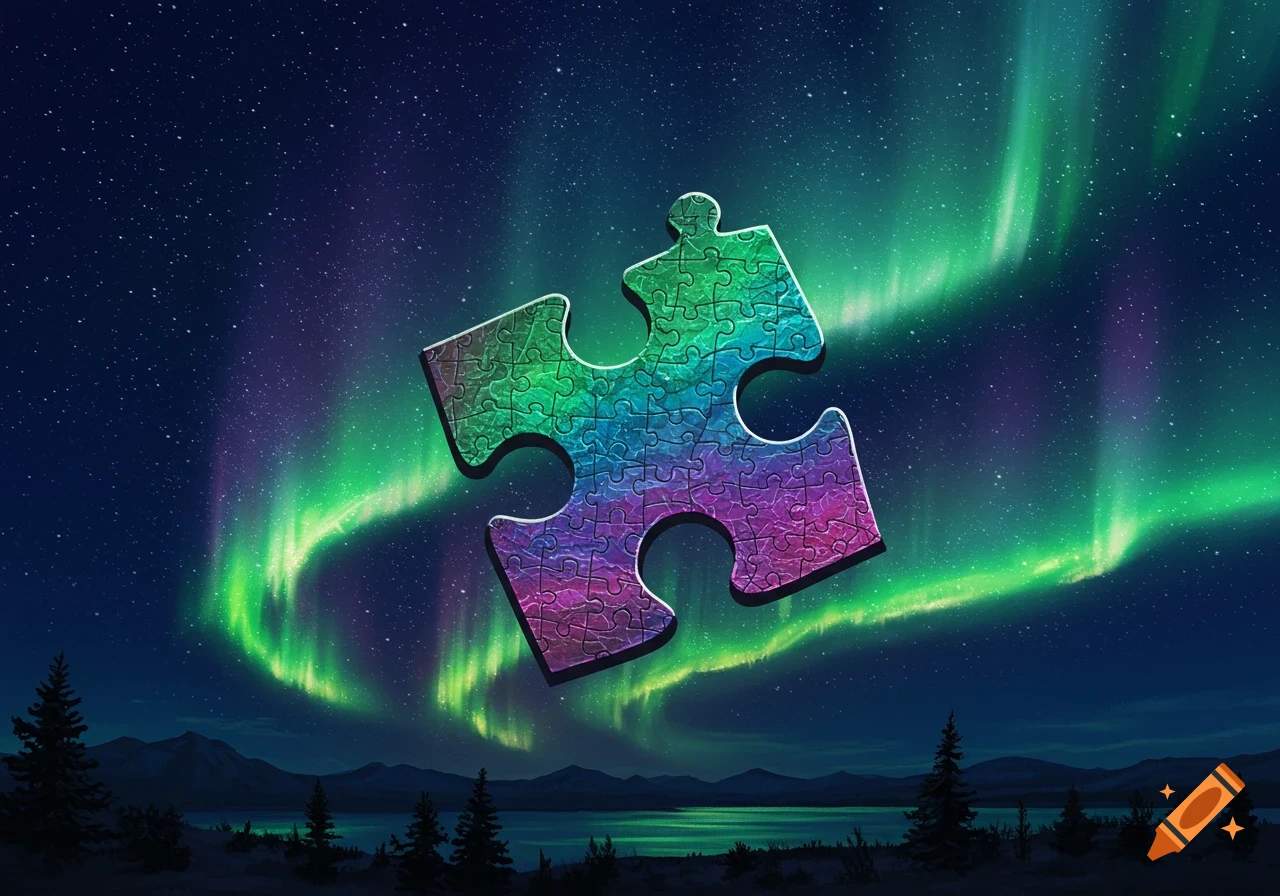 A large, colorful puzzle piece floats in a night sky filled with the aurora borealis and stars, over a lake and forest.