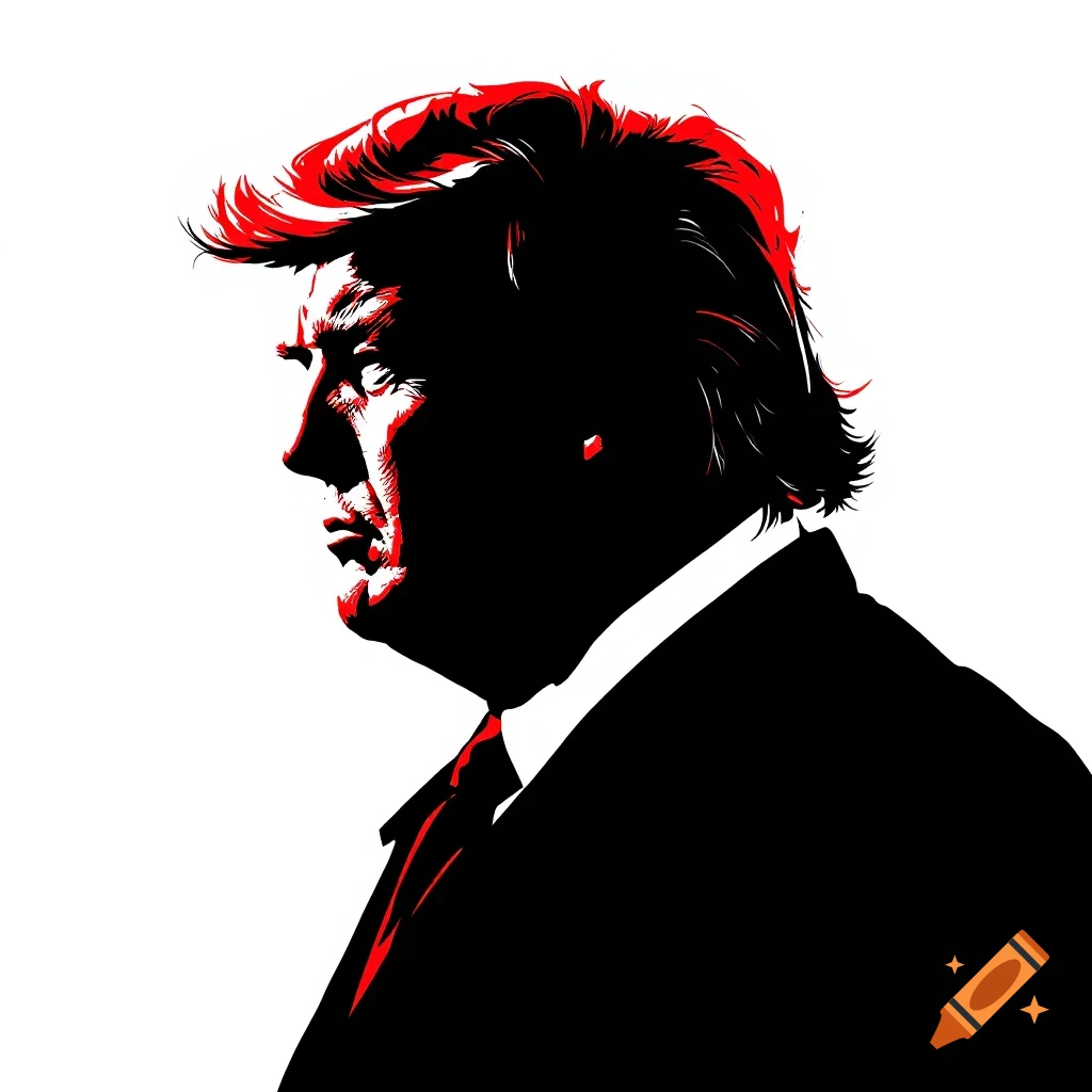 Graphic silhouette of Donald Trump in profile, red and black on white.