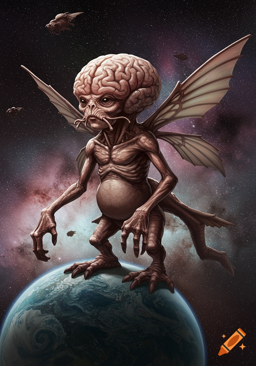 An alien creature with a large brain and wings stands on a planet in space.
