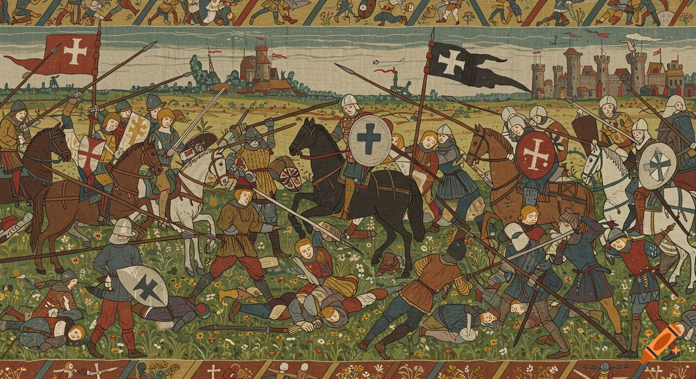 Medieval battle scene depicted in the style of a historical tapestry, with knights and soldiers clashing