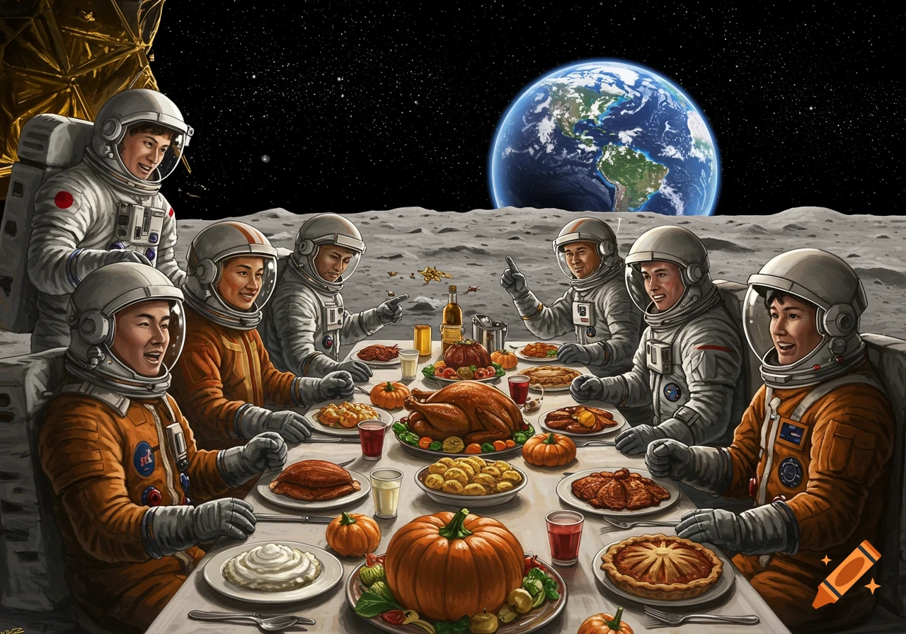 Illustration of astronauts eating Thanksgiving dinner on the moon with Earth visible in the background.