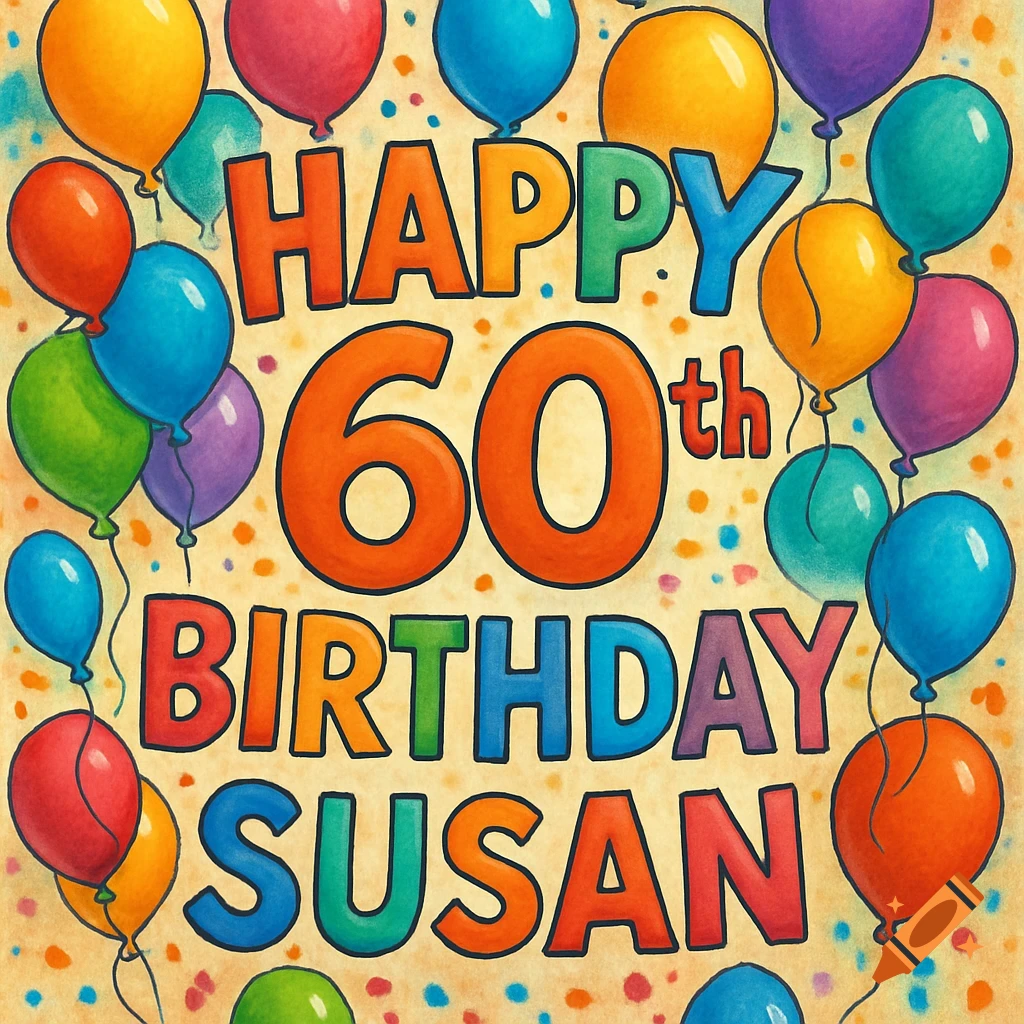 Colorful illustration with balloons and text saying 'Happy 60th Birthday Susan'.