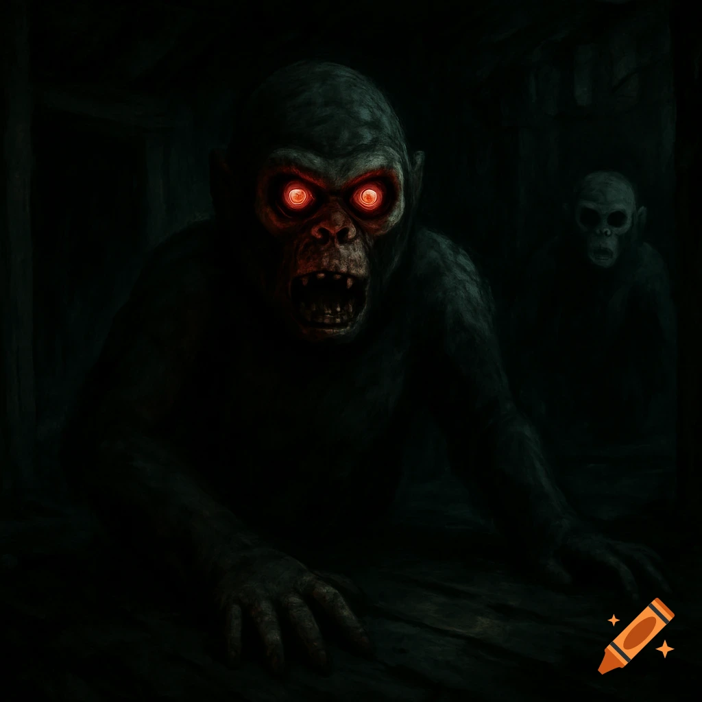 Two scary ape-like creatures with glowing red eyes in the dark