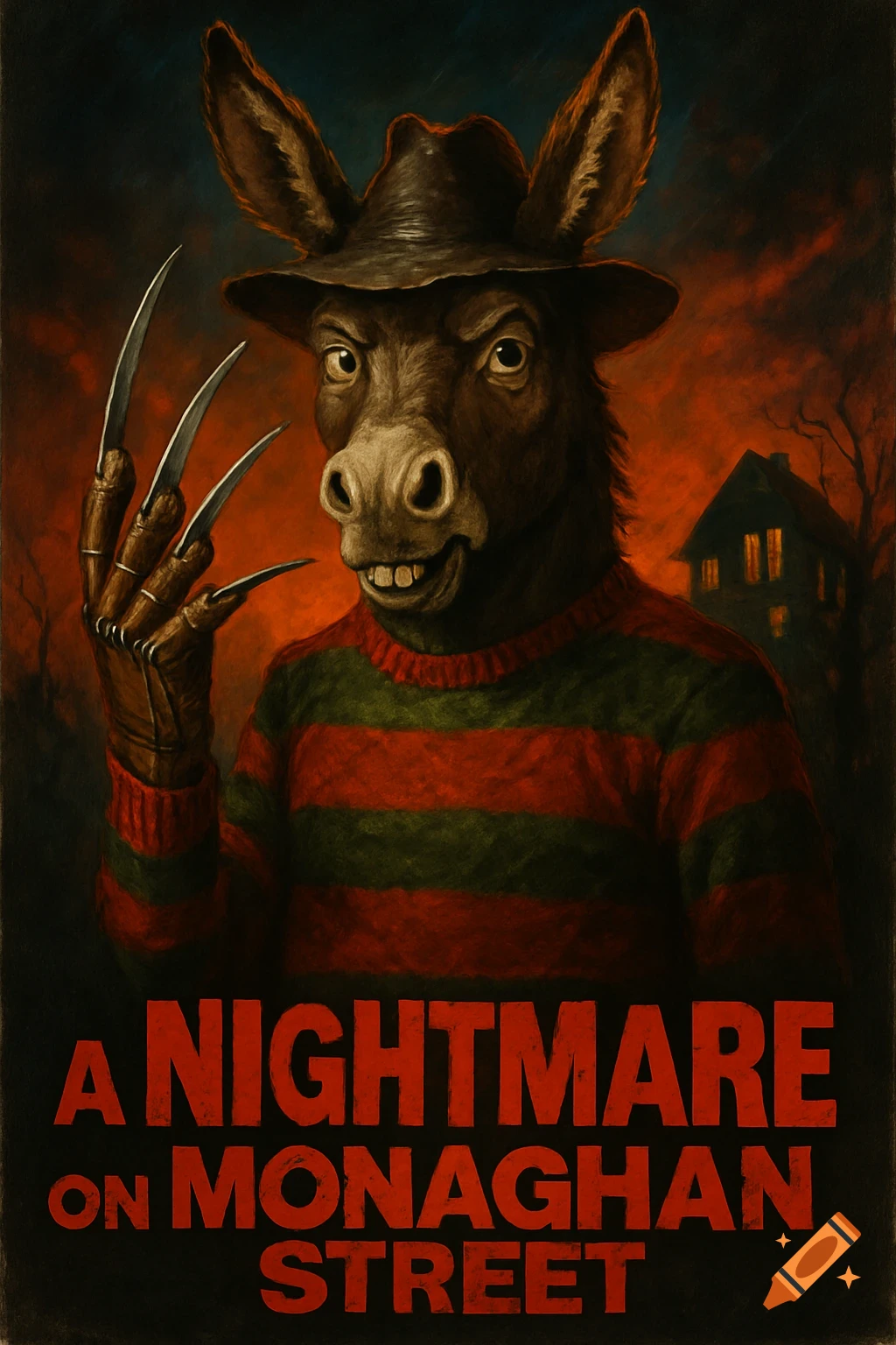 Movie poster parody featuring an anthropomorphic donkey dressed as Freddy Krueger with clawed gloves in front of a house, titled 'A NIGHTMARE ON MONAGHAN STREET'.