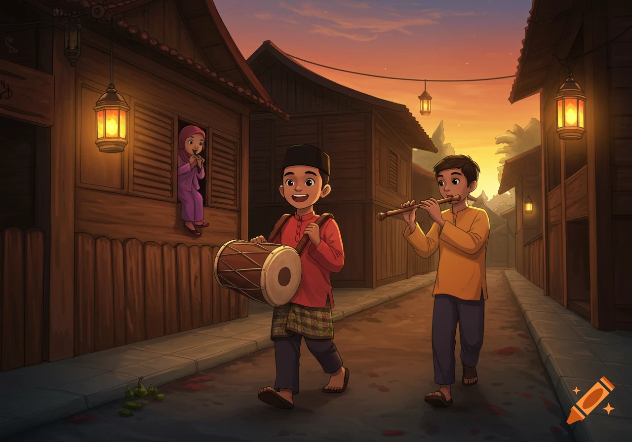 Illustration of children playing music in a village street during sunrise.