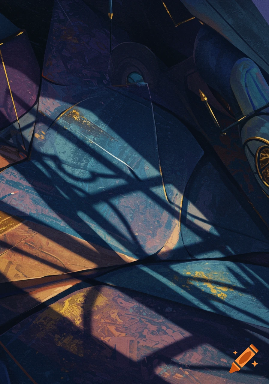 Abstract forms with rich textures and strong shadows creating intricate patterns, digital art