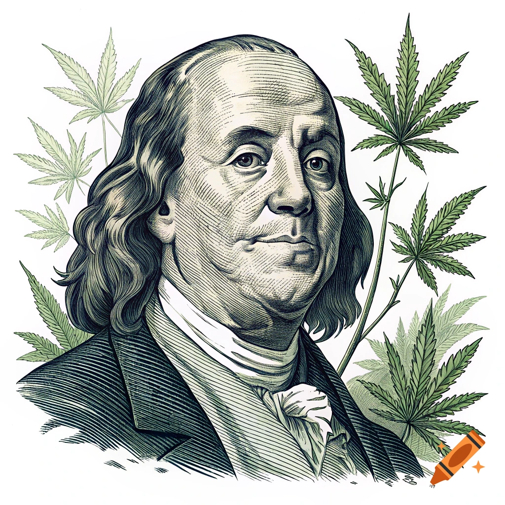 Illustration in engraving style of Benjamin Franklin surrounded by green cannabis leaves on a white background.