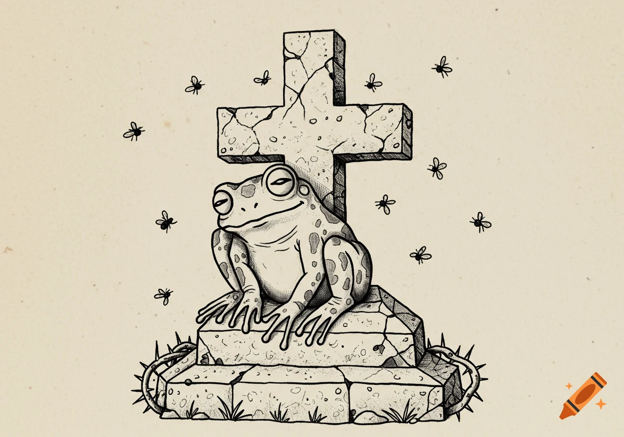 Black and white sketch of a personified frog sitting on a stone cross base surrounded by flies and thorns.