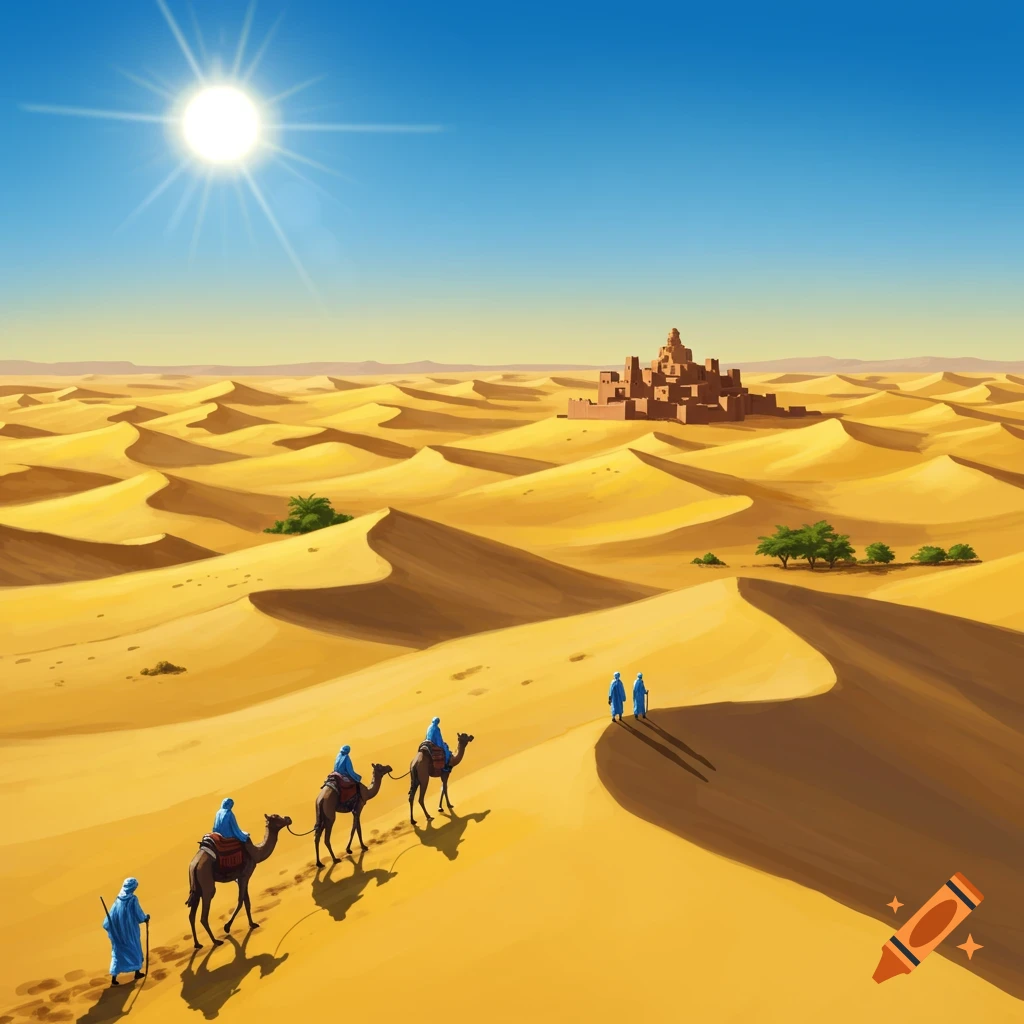 Caravan of people and camels crossing a vast desert towards a distant city under a bright sun, in a stylized illustration.