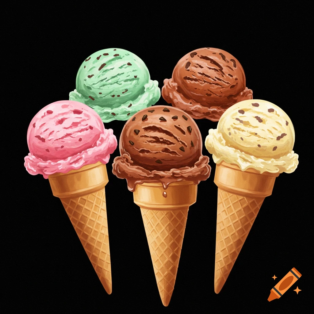 Five ice cream cones with scoops of pink, green, chocolate, and vanilla against a black background.