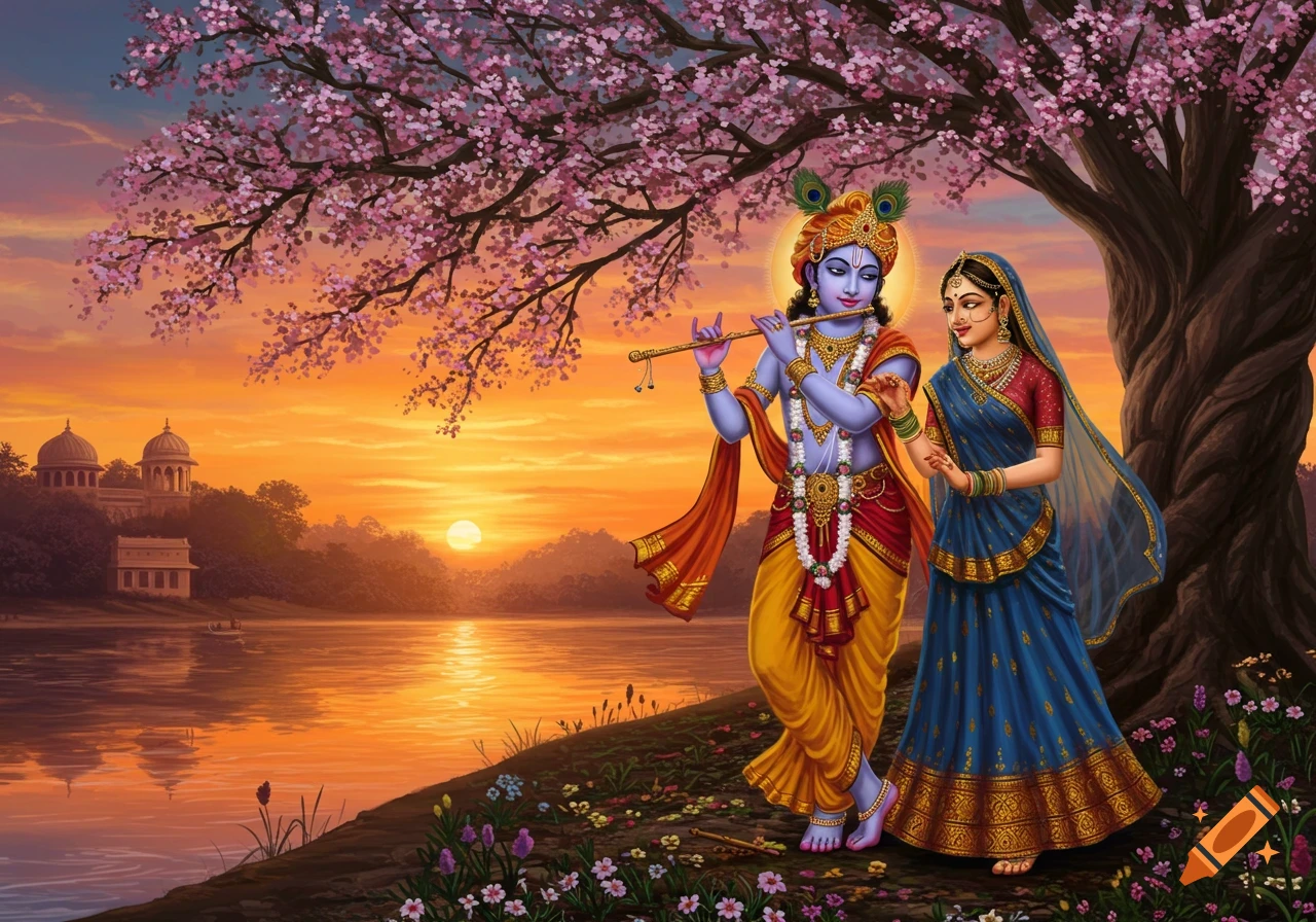 Painting of Krishna playing a flute beside Radha under a pink blooming tree by a river at sunset, in the style of Indian classical art.