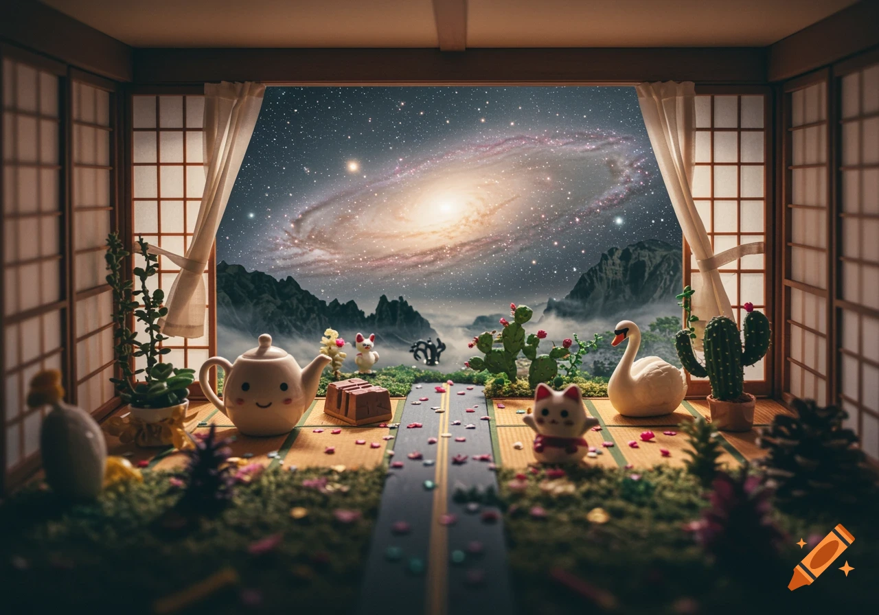Miniature diorama of a Japanese room looking out at a galaxy, with toy teapot, swan, cat, chocolate, and plants.