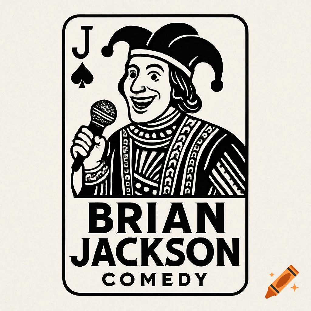 Black and white logo of a jester holding a microphone in a playing card style, with text 'Brian Jackson Comedy'.