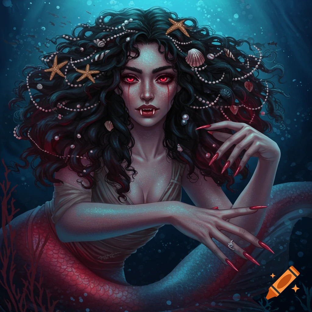 Fantasy illustration of a vampire mermaid with dark curly hair adorned with shells, red eyes, fangs, sharp red nails, and a red tail, underwater.
