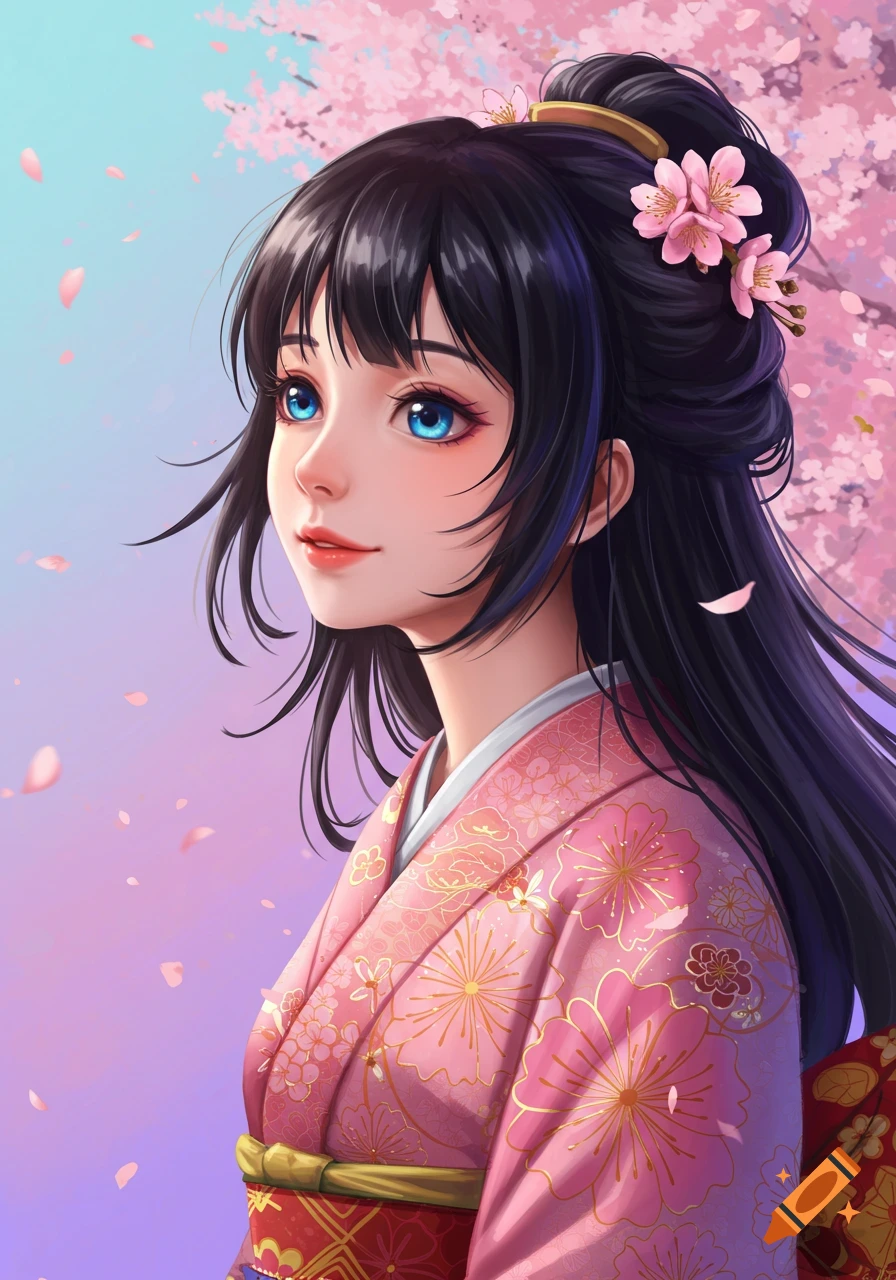 Anime portrait of a woman in a pink kimono under cherry blossoms, looking up.