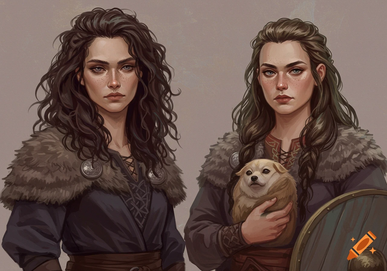 Two women in viking attire, one holding a small dog, illustration.