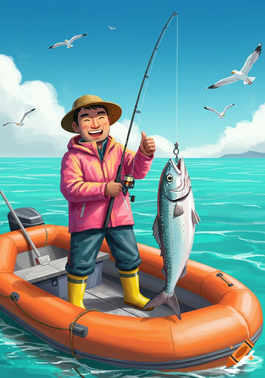 Illustration of fisherman in boat holding up a fish and giving thumbs up