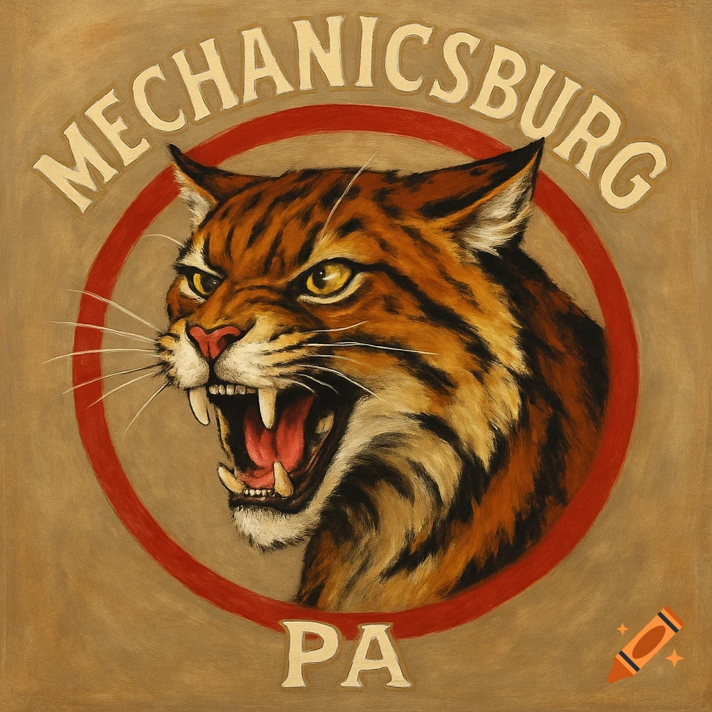 Stylized illustration of a roaring bobcat mascot head in a circle with the words Mechanicsburg PA