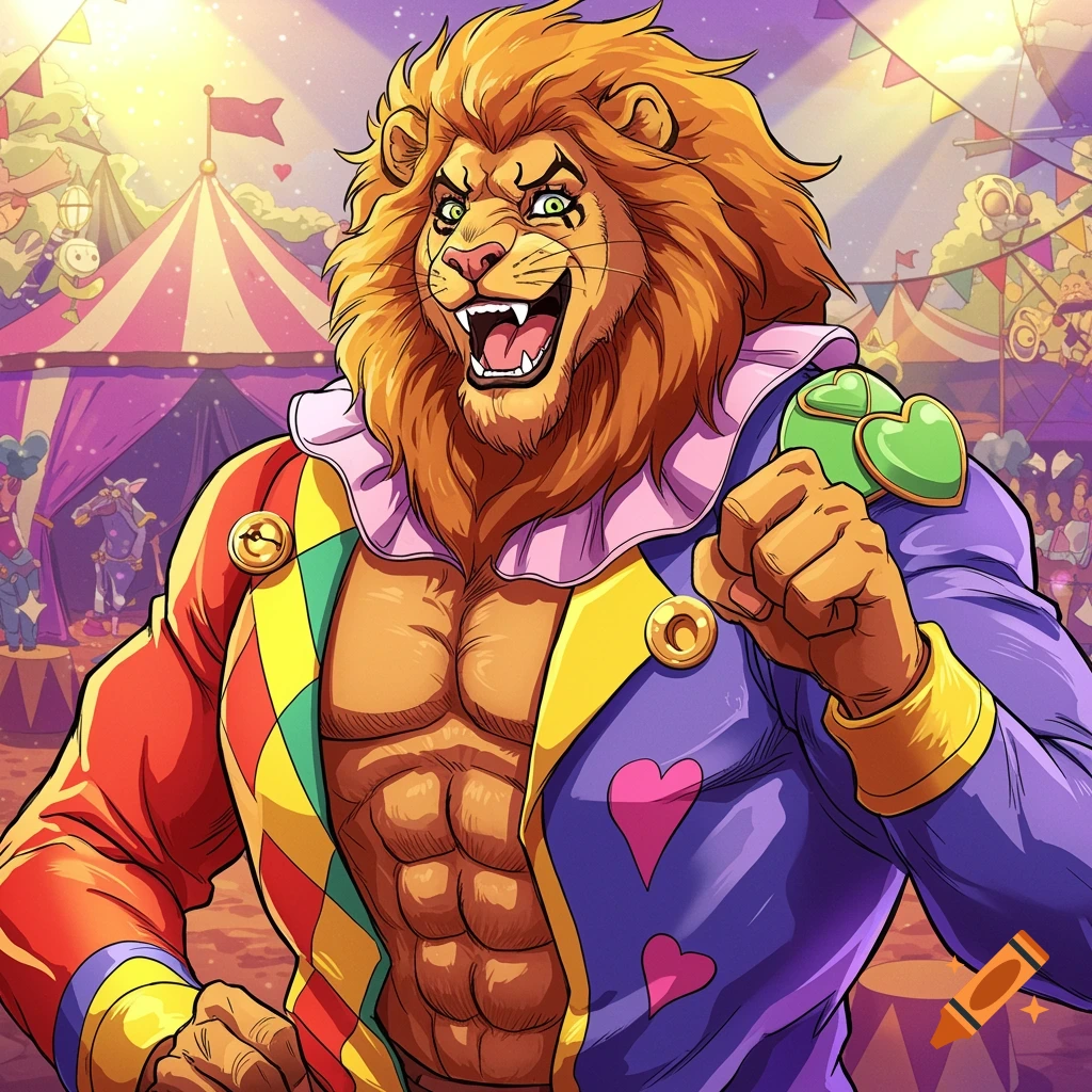 Muscular anthropomorphic lion in a clown costume at a circus in a cartoon style.