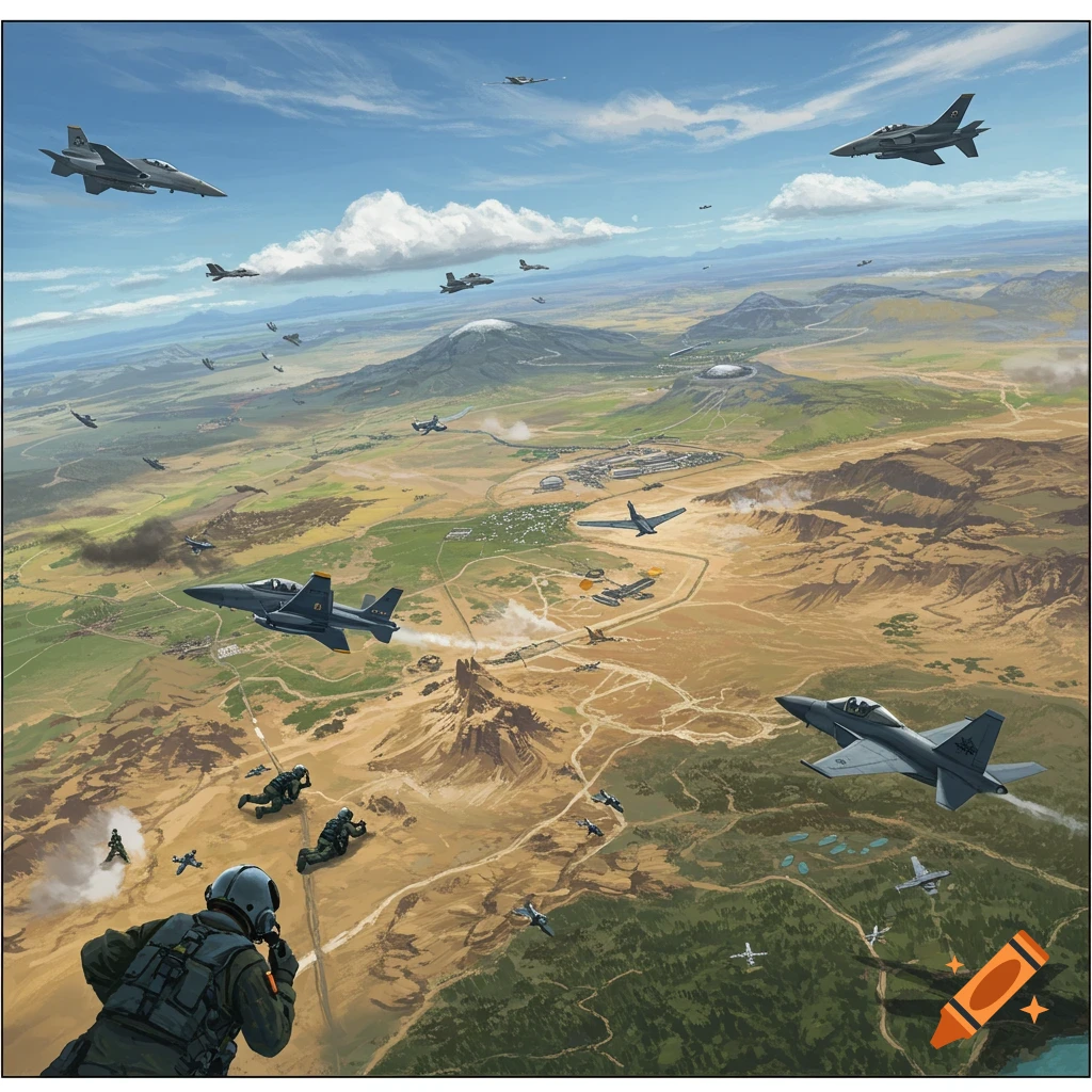 Aerial view of fighter jets and soldiers descending over a desert landscape.