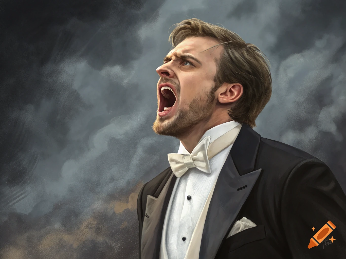Dramatic portrait of a man in a tuxedo shouting