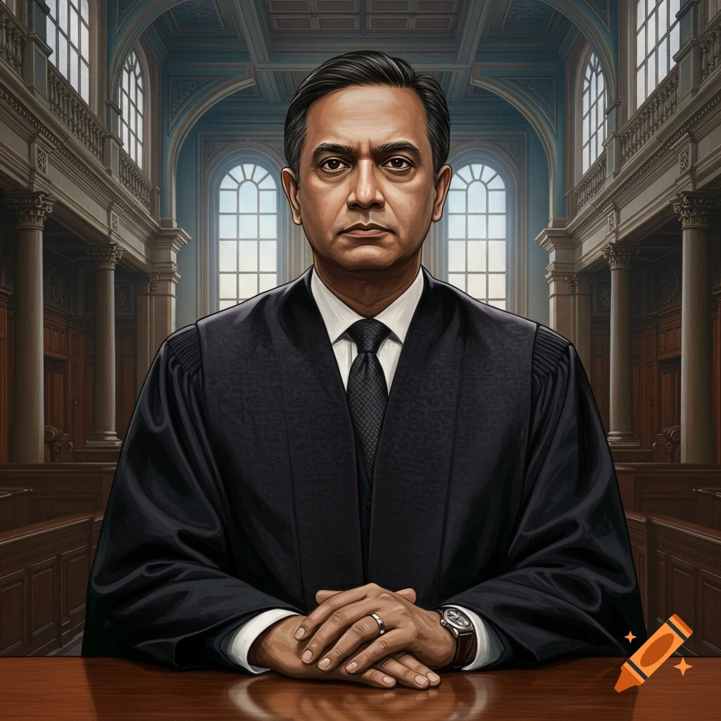 Digital painting of a serious judge in black robes sitting at a desk in a courtroom.