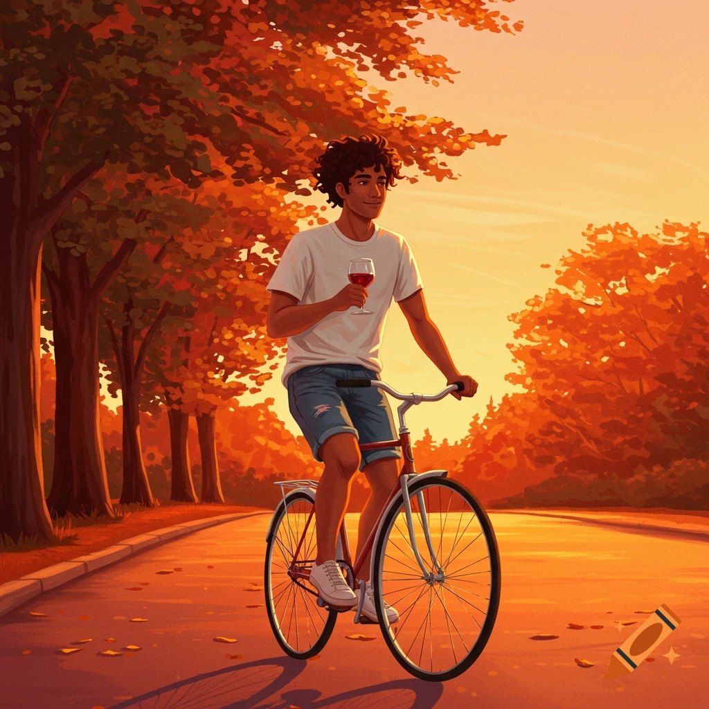 Illustration of a man riding a bike through autumn trees, holding a glass of wine
