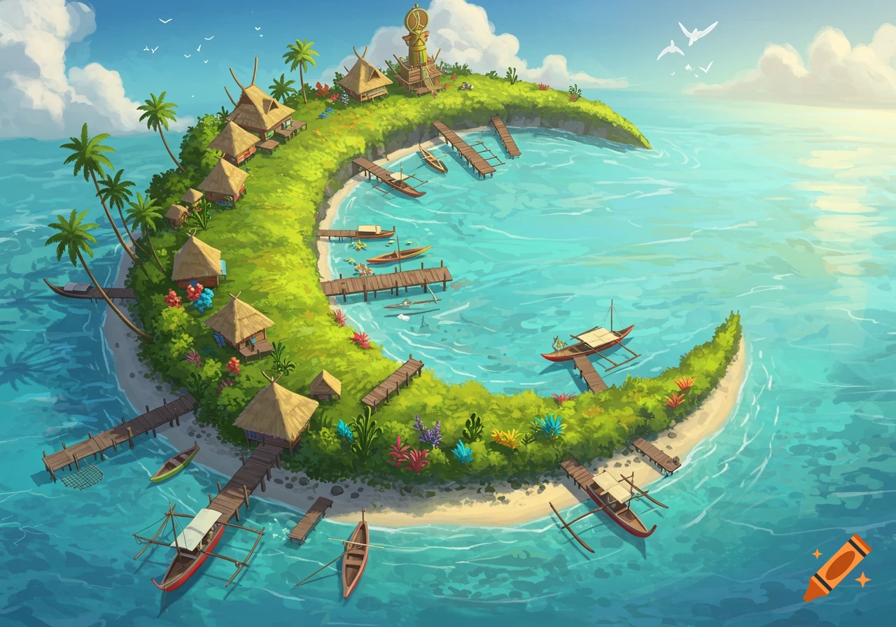 A stylized illustration of a crescent-shaped tropical island with huts, docks, and boats in a turquoise lagoon.