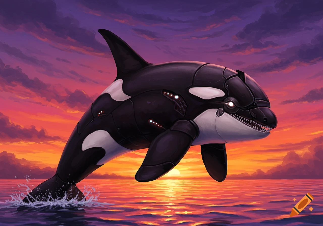 An anime-style robotic orca jumps from water during a sunset. on Craiyon
