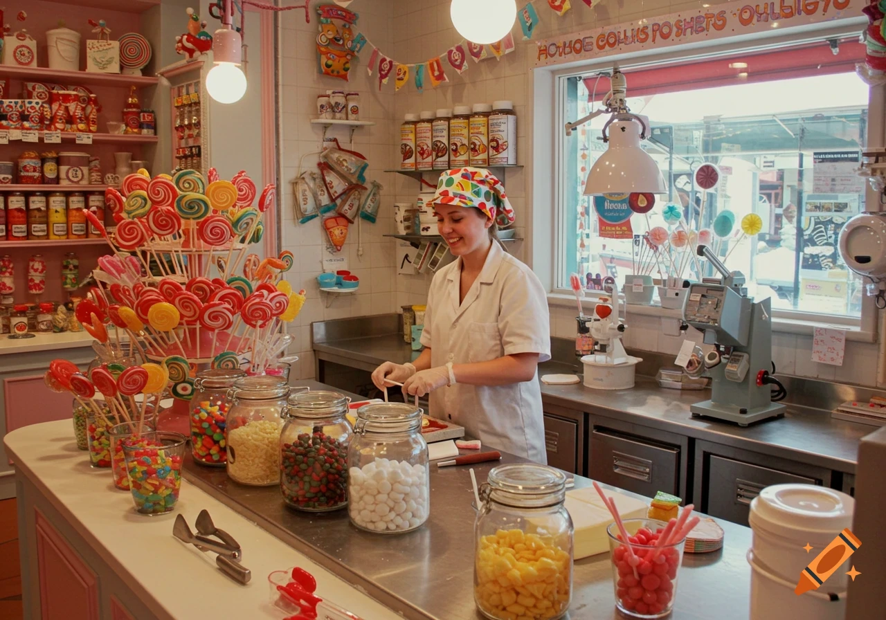 Person works in a candy store counter filled with colorful lollipops and jars of candy.