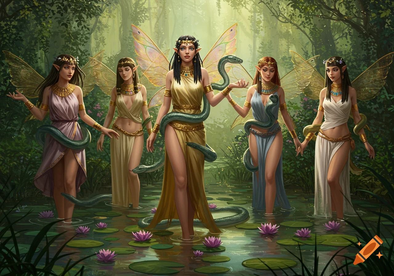 Five fantasy women with fairy wings and snakes stand in water with lily pads.