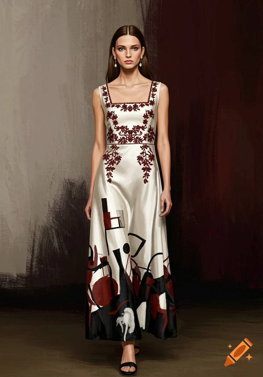 A model wears a white dress with embroidery and abstract art.