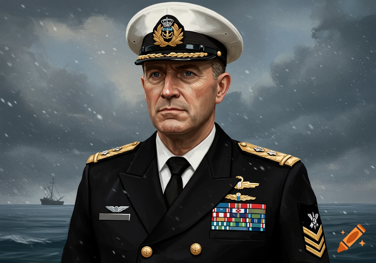 Portrait of a military sea major in uniform standing against a stormy sea and sky background with a ship in the distance.