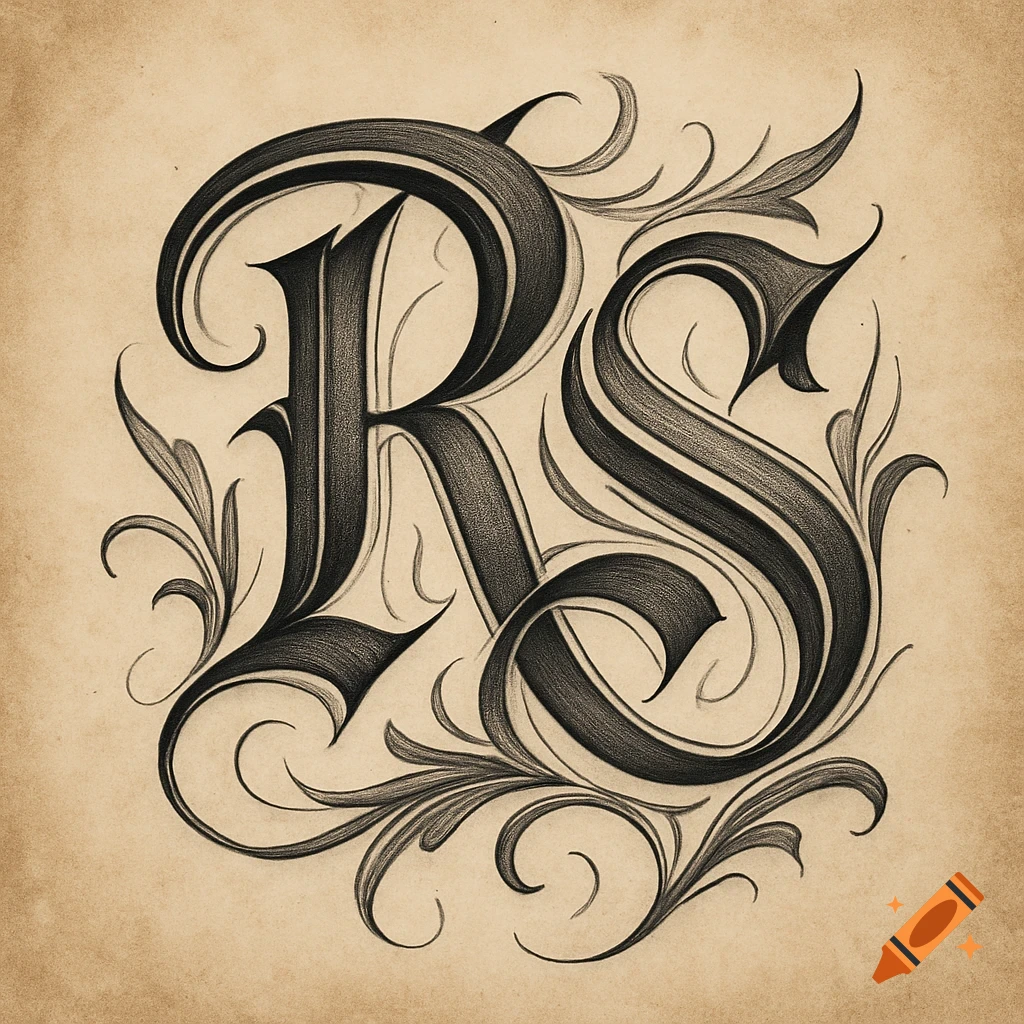 Detailed gothic style calligraphy illustration of the letters R and S on parchment.