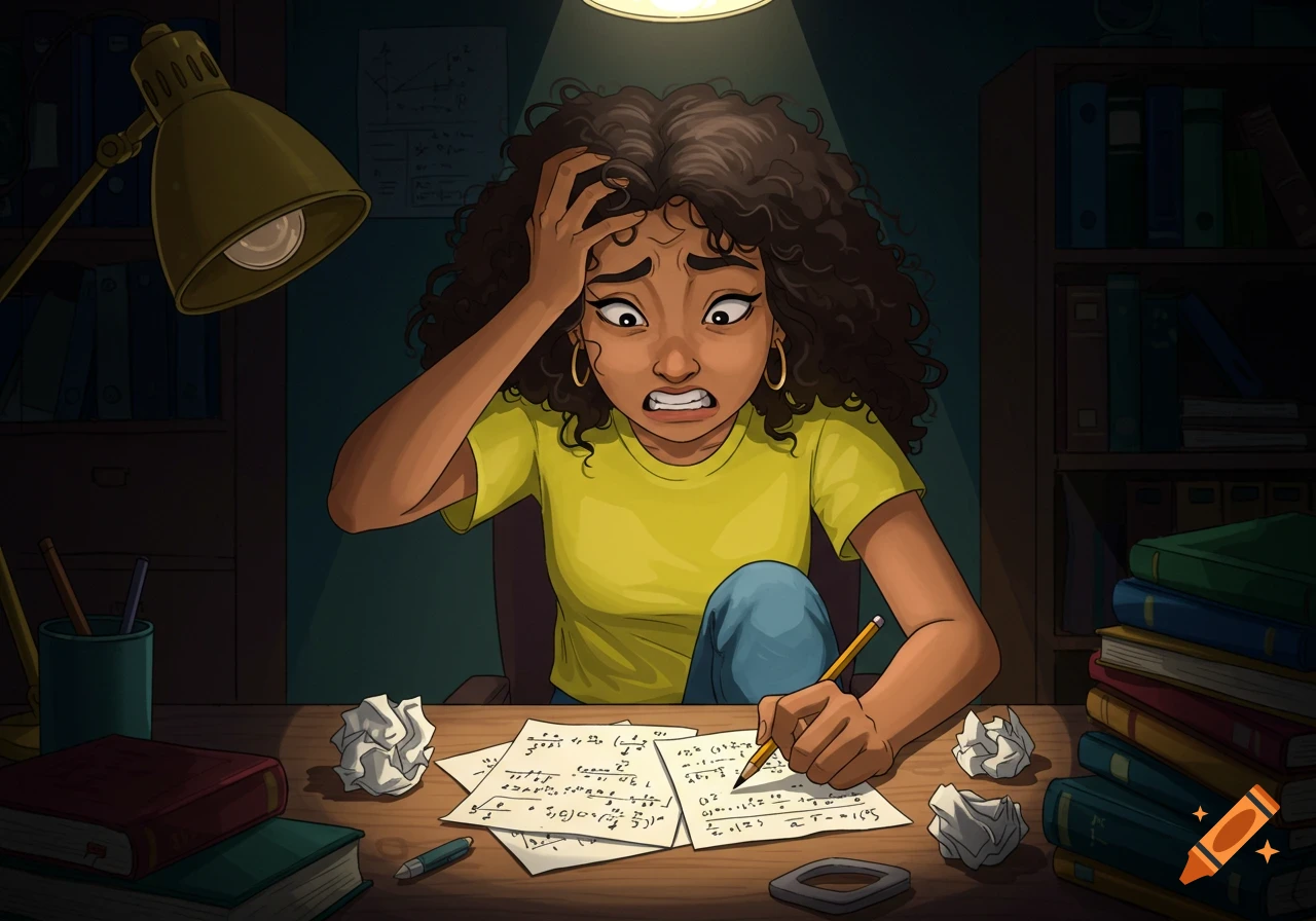 Illustration of a stressed person studying math late at night at a desk with papers and books