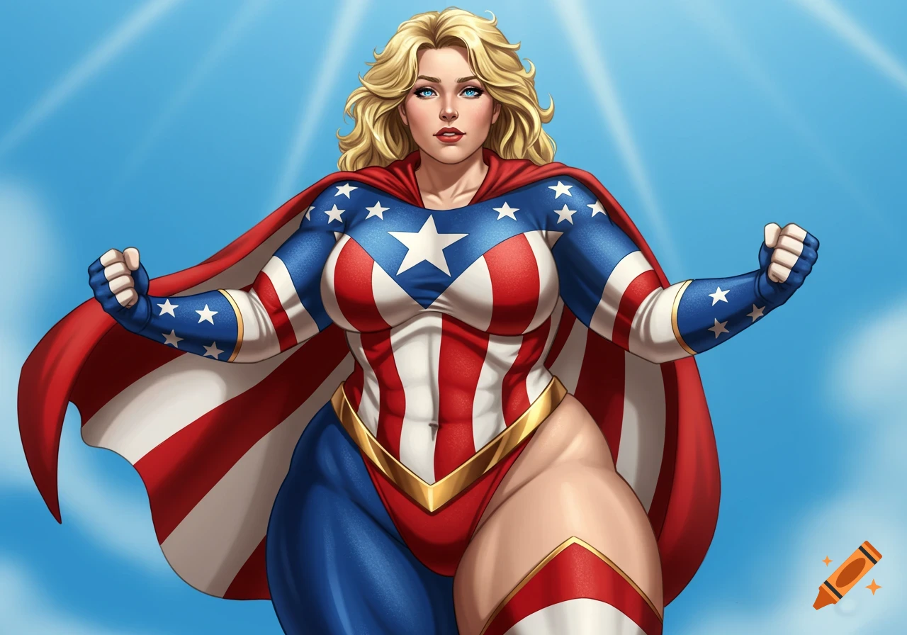 Blonde female superhero in a patriotic costume flying