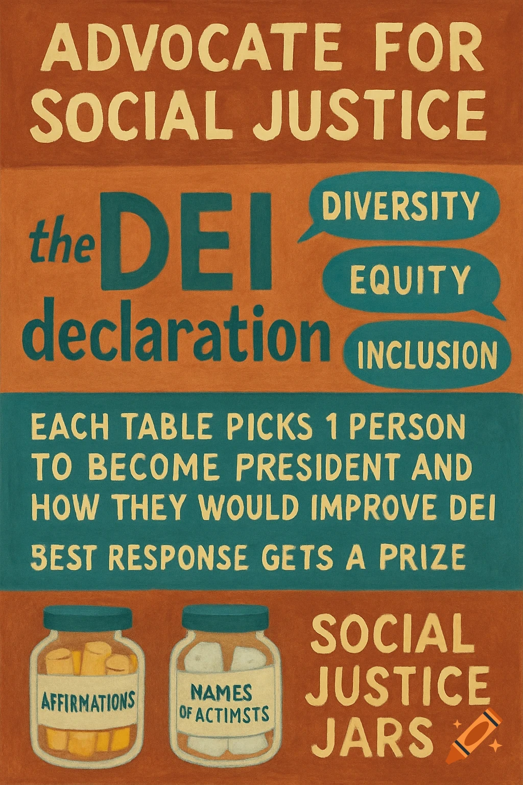 Social justice event poster with text about DEI declaration, event details, and jars labeled 'Affirmations' and 'Names of Actimsts'.