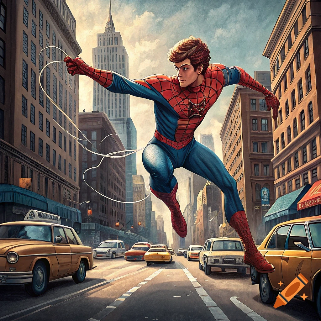 Spider-Man swings on a web line above a busy city street with cars in a comic book style.