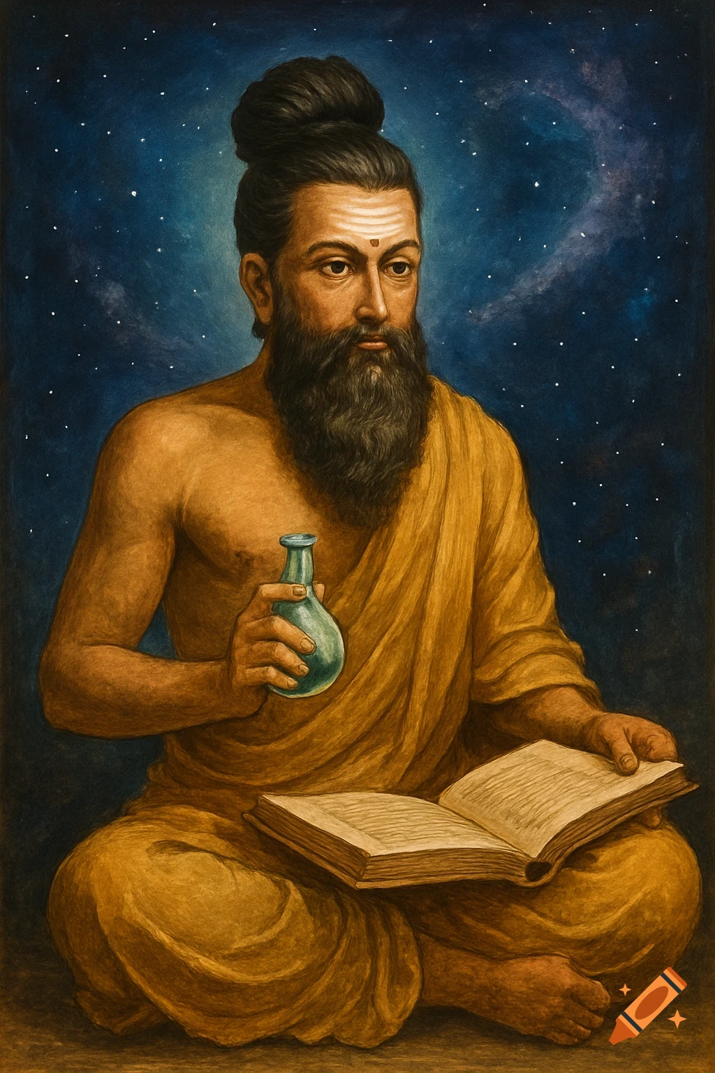 Painting of a man in a robe sitting with a book and flask against a starry sky