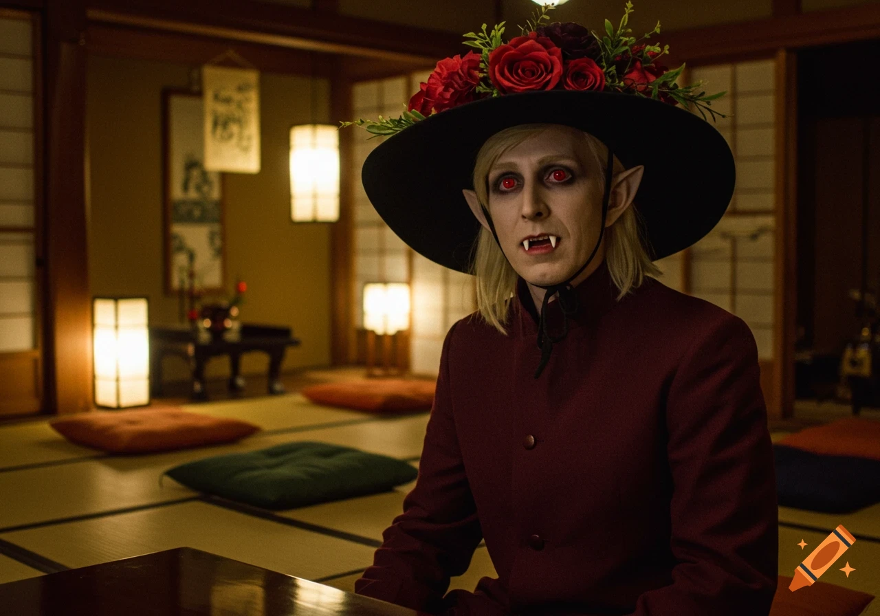 Person in vampire costume with red eyes, fangs, and flower-adorned hat in a Japanese room, grainy film style.