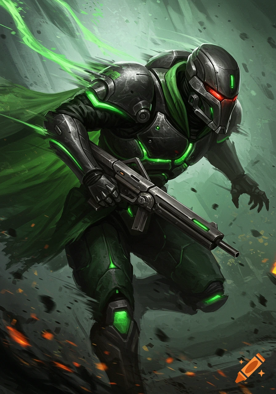 Futuristic soldier in black armor with green glow holds rifle amidst green energy and debris