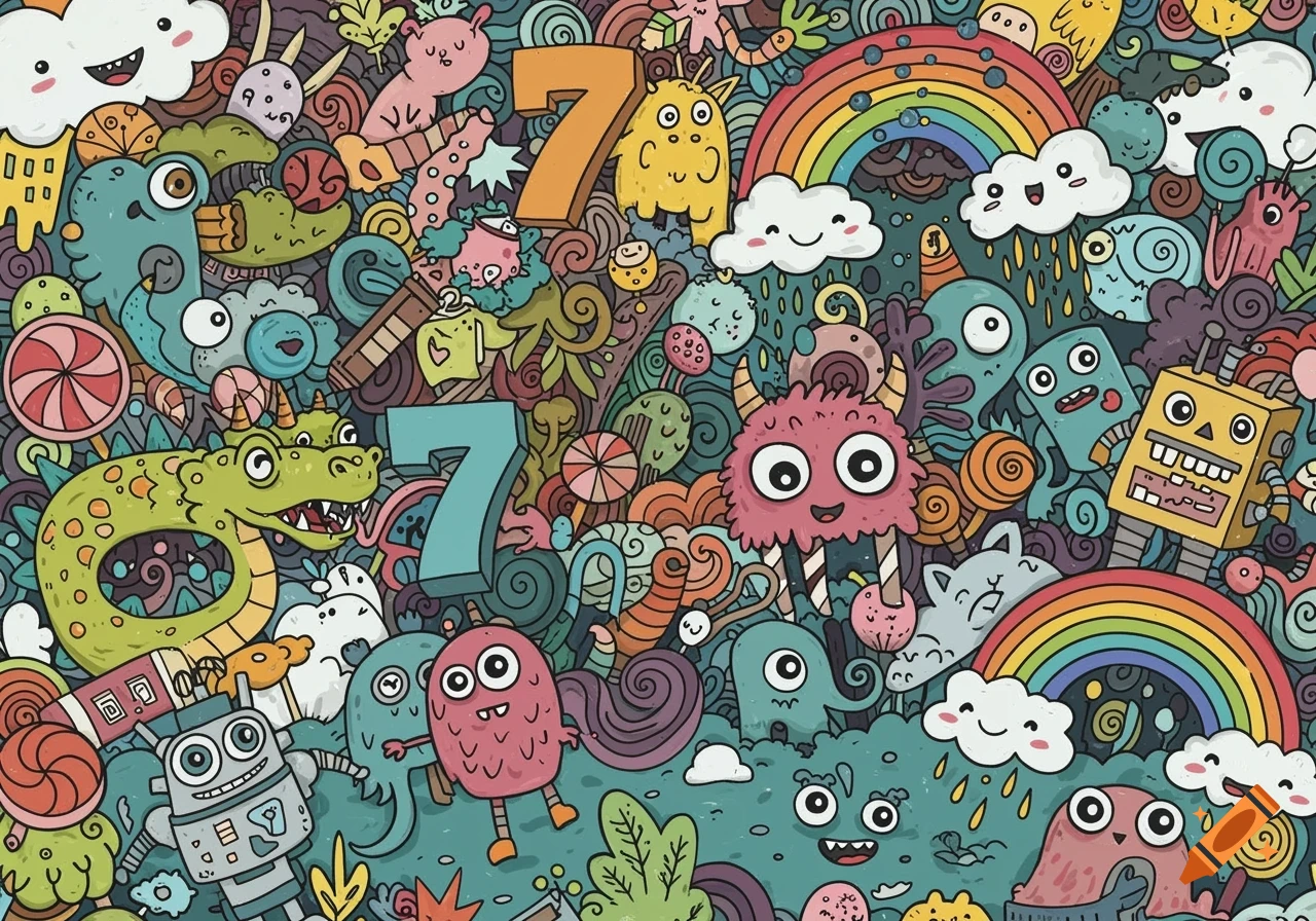Colorful doodle illustration of monsters, numbers, and rainbows.