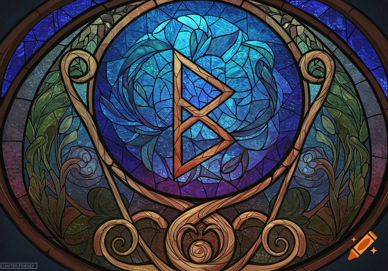 Stained glass art in Art Nouveau style depicting a geometric symbol (rune) in blue and green tones.