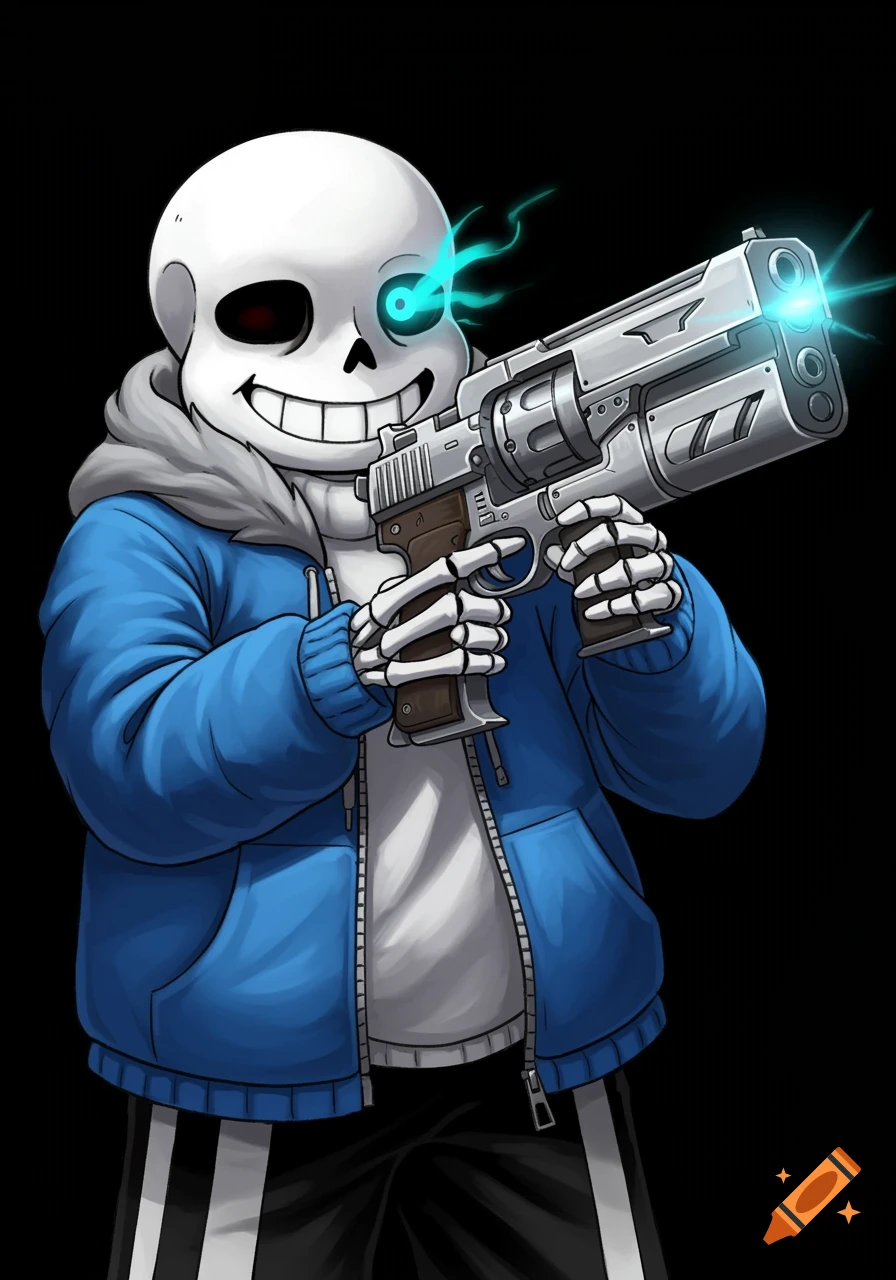 Sans from Undertale holding a large futuristic revolver, with his left eye glowing blue.