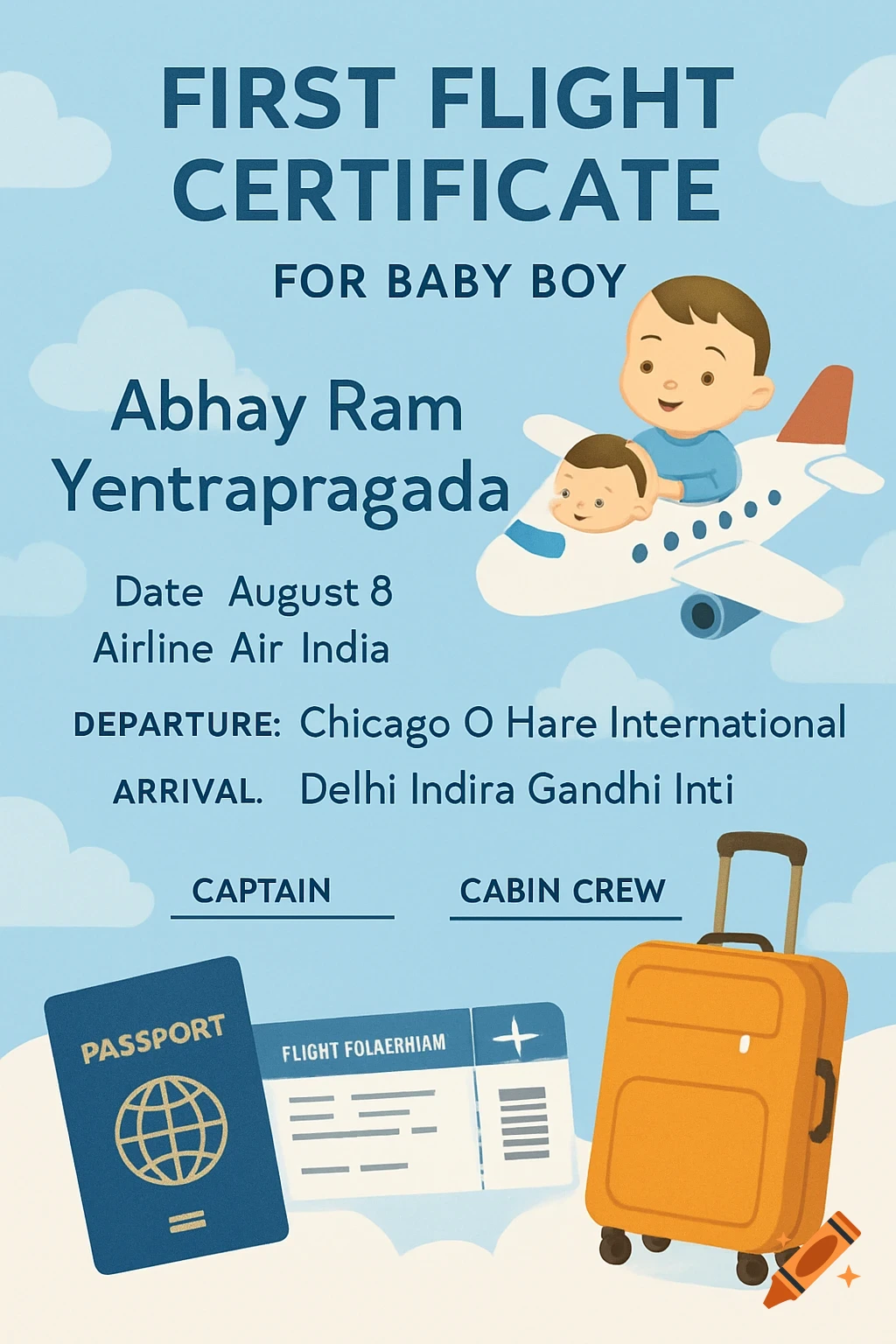 A first flight certificate for a baby boy named Abhay Ram Yentrapragada, featuring cartoon illustrations of babies on a plane, clouds, a passport, boarding pass, and luggage. It includes fields for date, airline, departure, arrival, captain, and cabin crew.