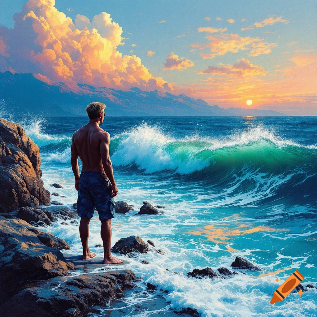 A man stands on a rocky shore looking out at large ocean waves and a sunset with dramatic clouds, painted style.
