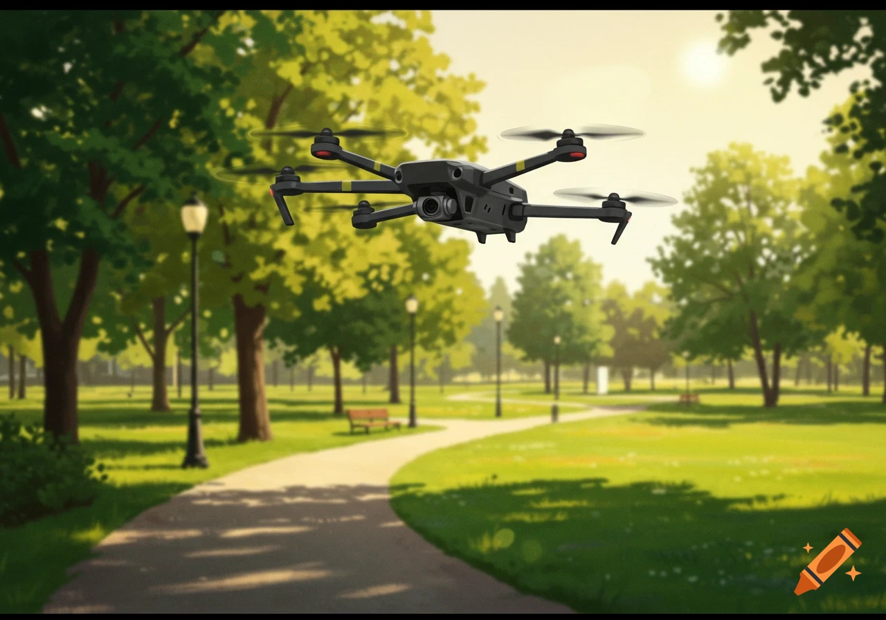 A drone flies above a path in a park on a sunny day.